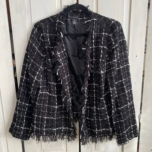 Y2K Classiccore Plaid Tweed Blazer Jacket Women XL Frayed Hem Old Money